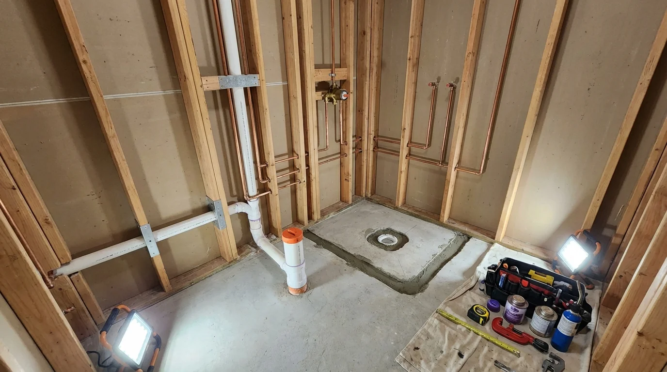 Bathroom rough-in plumbing during remodel by Johns Plumbing LLC in Moulton