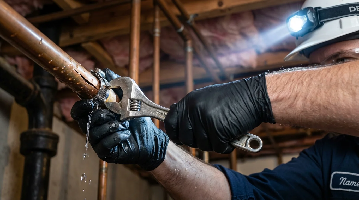 Emergency pipe clamp repair being performed by a Johns Plumbing LLC plumber in Moulton